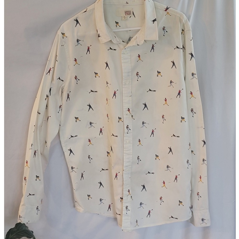 1901 Nordstrom Mens XL Baseball Player Print Button Down Shirt White Long Sleeve